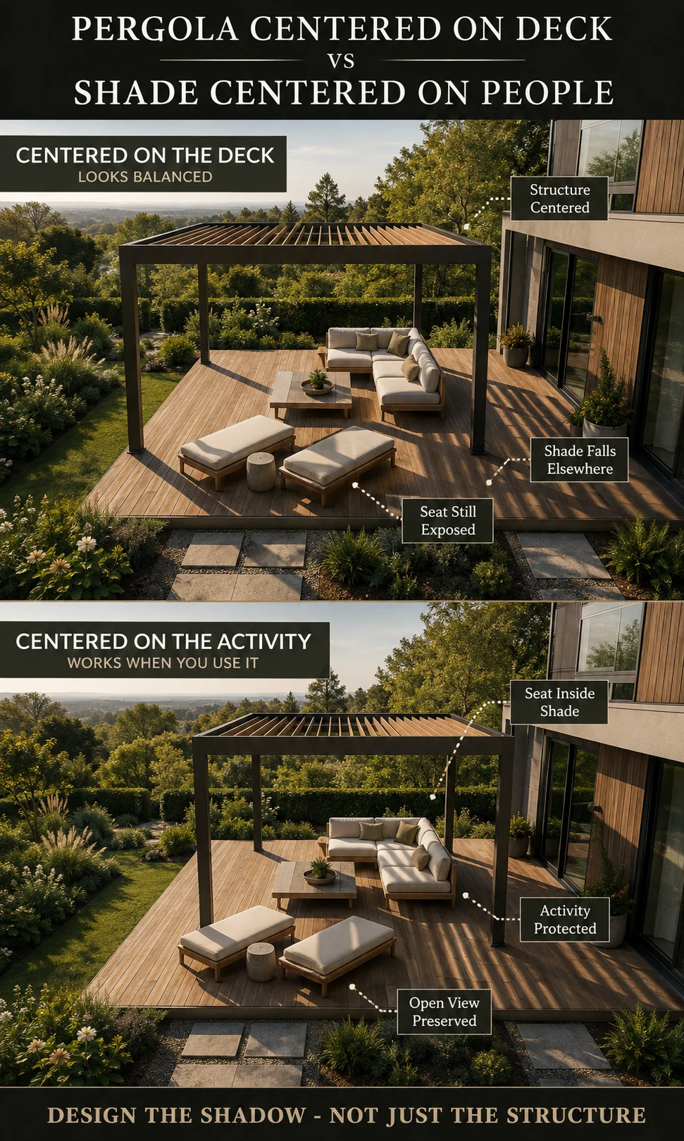 Garden deck comparison showing a pergola centered on the deck versus repositioned to shade the occupied seating area