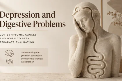 Depression and digestive problems illustrated by a stone sculpture showing the gut-brain connection