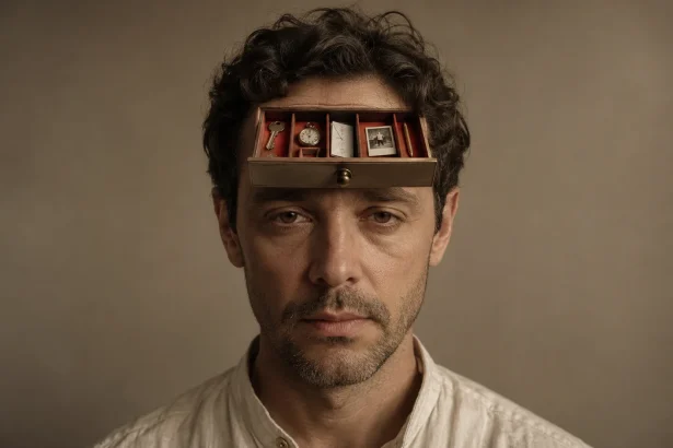 Person with surreal open memory drawer in forehead representing depression and memory problems