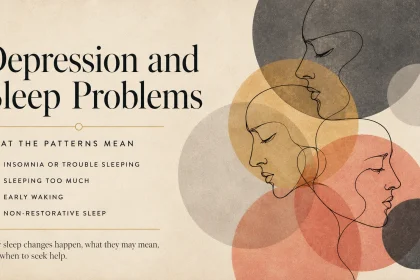 Depression and sleep problems illustrated with overlapping abstract faces and circles representing insomnia, oversleeping, early waking and non-restorative sleep.