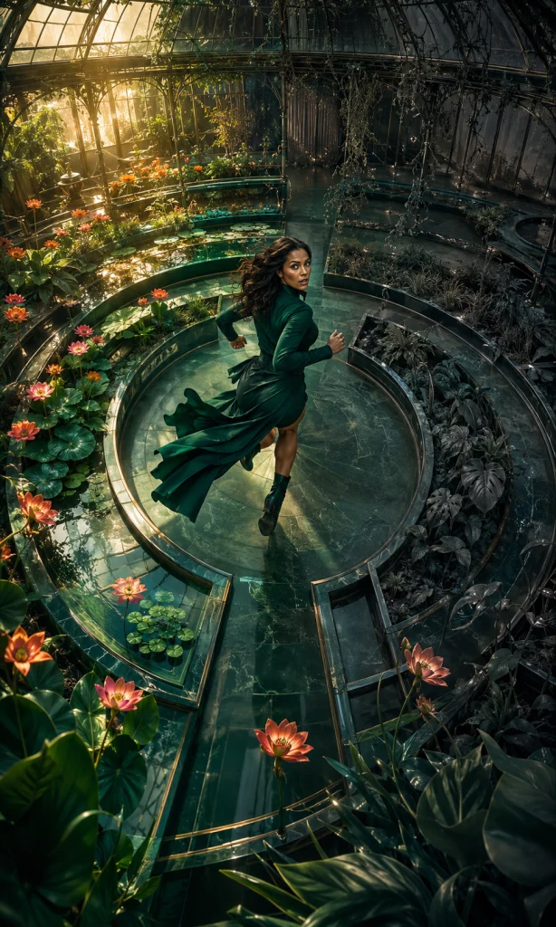 Woman running through a vivid emerald environment as multiple areas lose color around her, representing a broader depression symptom pattern