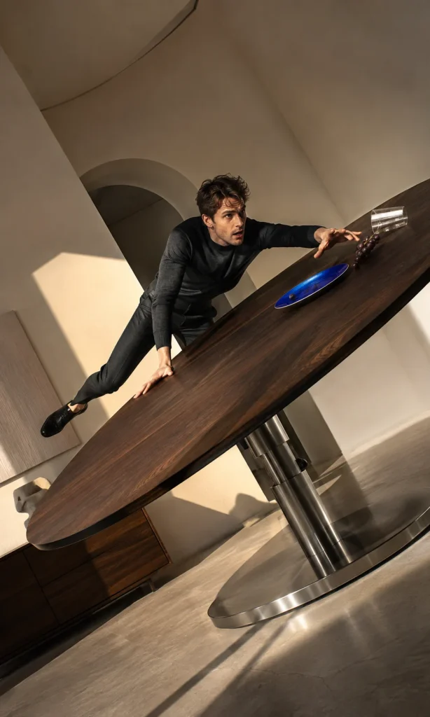 Person trying to balance at a dramatically tilting dining table representing appetite and digestive changes