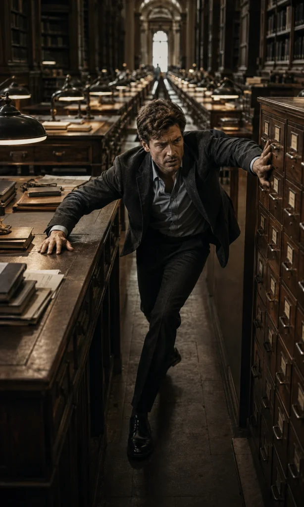Man squeezing through moving archive tables as his available path becomes increasingly narrow.