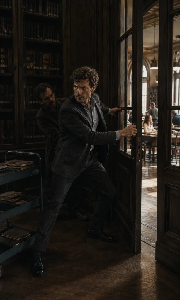 Man reopening a heavy archive door while another person helps steady it, representing support for depression-related avoidance.