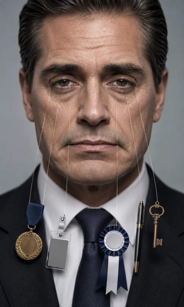 Surreal close-up of a successful professional whose achievement medals invisibly weigh down their expression