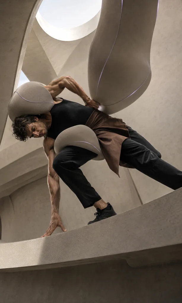 Person bending beneath flexible sculptural weights representing body and muscle pain