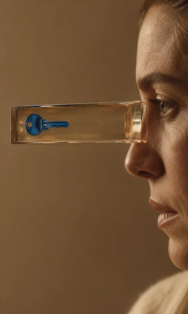 Surreal portrait showing a memory object travelling slowly toward a person through thick transparent material