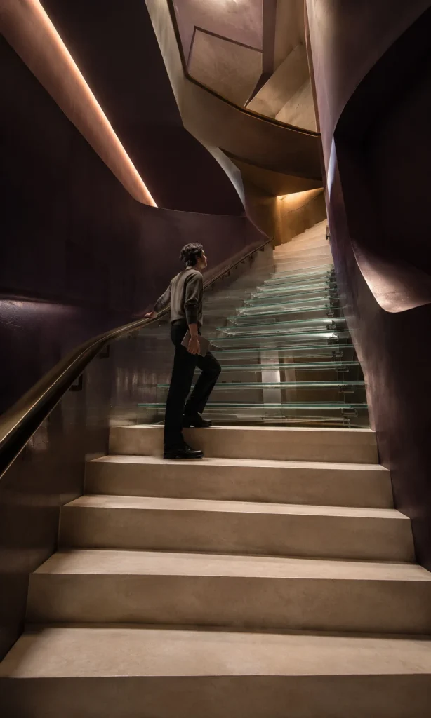 Person climbing surreal stairs with translucent missing-looking steps representing working memory difficulty
