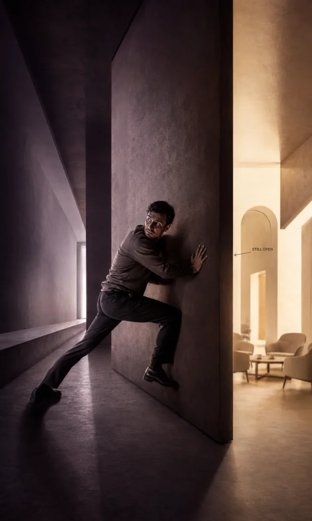 Surreal image of a person pushing shut an open doorway while looking back toward connection, representing withdrawal caused by feeling like a burden.