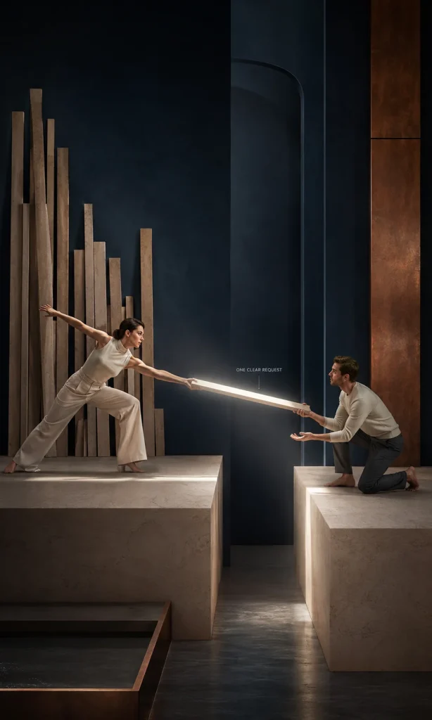 Surreal editorial image of two people constructing a small bridge with one plank, representing a specific and manageable request for support.