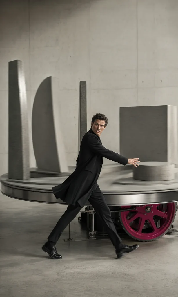 Adult moving beside a rotating carousel of objects representing the difficulty of comparing several options during depression
