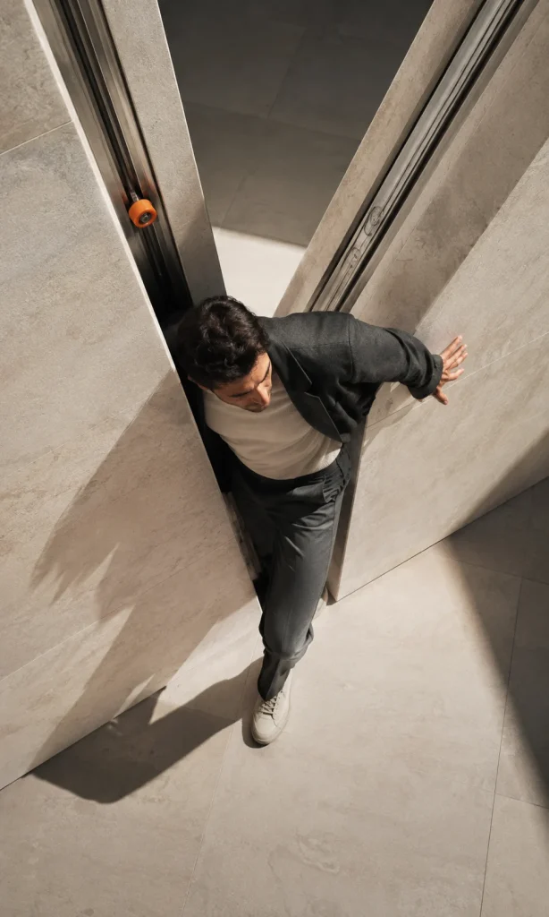Adult moving through a narrowing architectural gap representing a decision bottleneck during depression