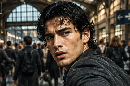 Man turning sharply toward an unchosen route in a crowded station after making a decision
