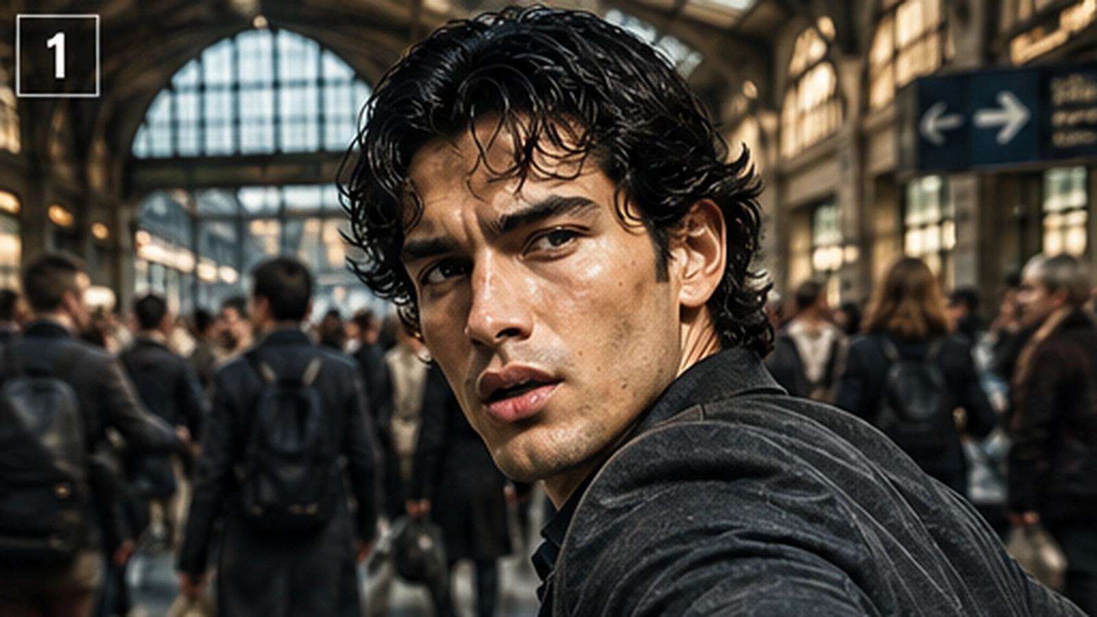 Man turning sharply toward an unchosen route in a crowded station after making a decision