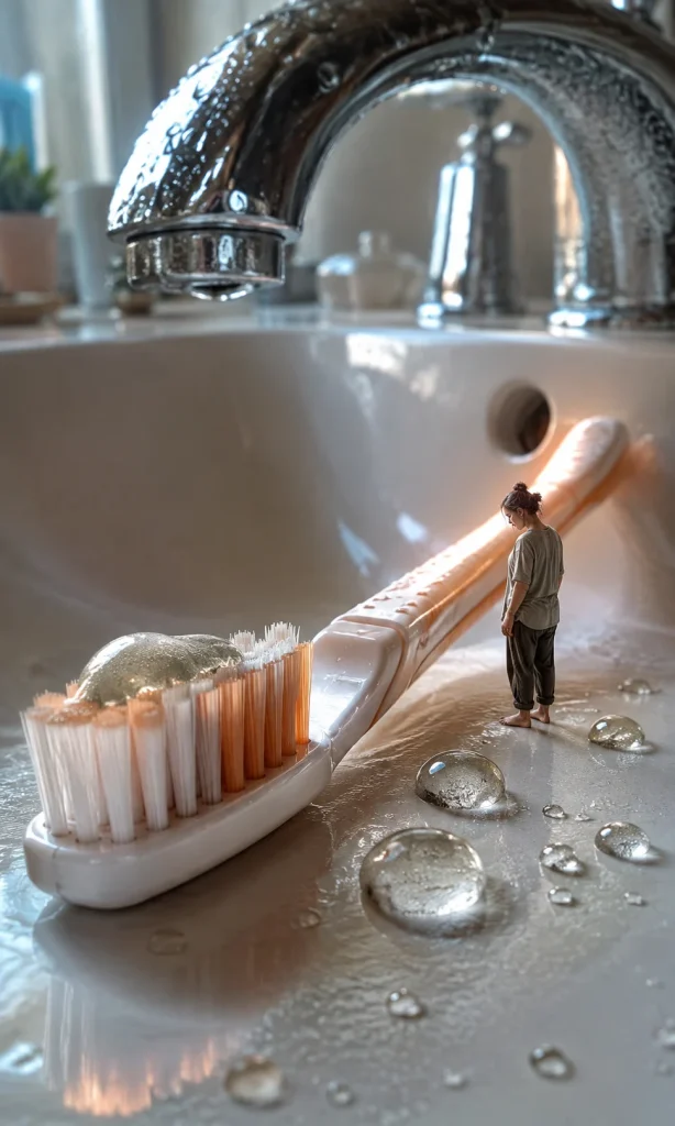 Surreal giant toothbrush beside miniature person representing difficulty brushing teeth during depression