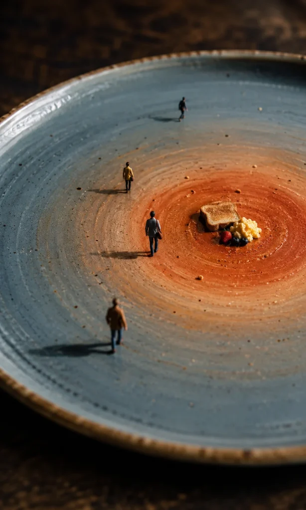 Miniature person crossing a giant dinner plate toward a small meal representing effort and reduced reward in depression