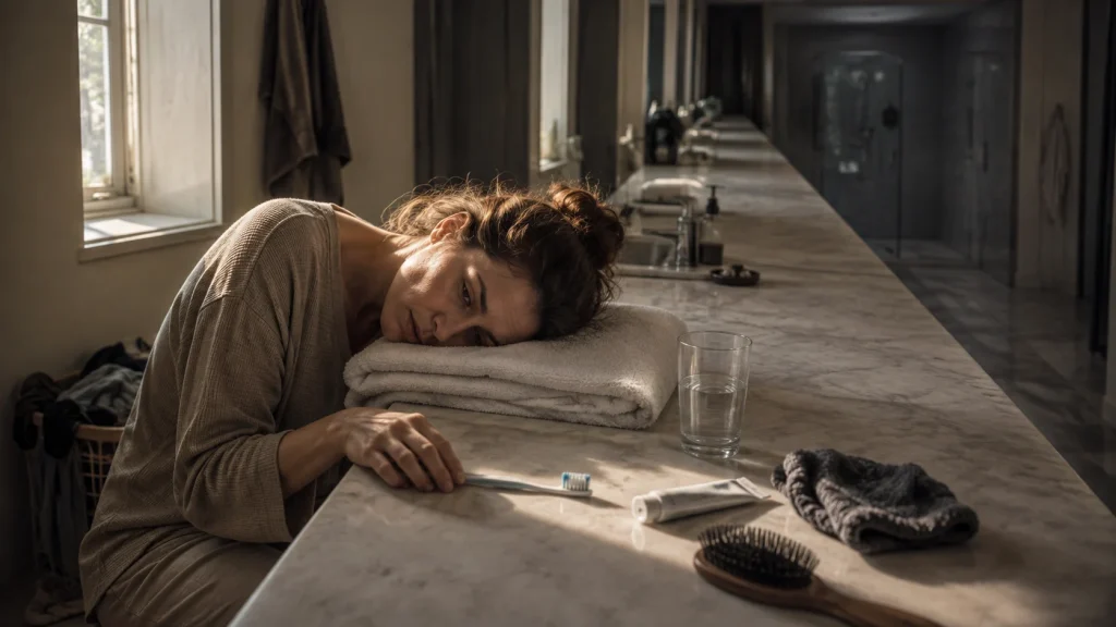Exhausted woman resting beside bathroom sink before completing her hygiene routine