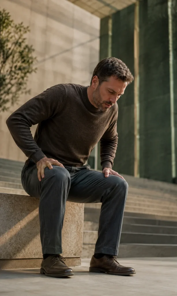 Adult leaning forward to stand while clothing and surroundings subtly communicate resistance and physical effort