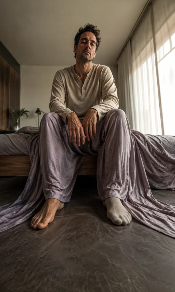 Person sitting on the edge of a bed after waking while their limbs still appear unusually heavy