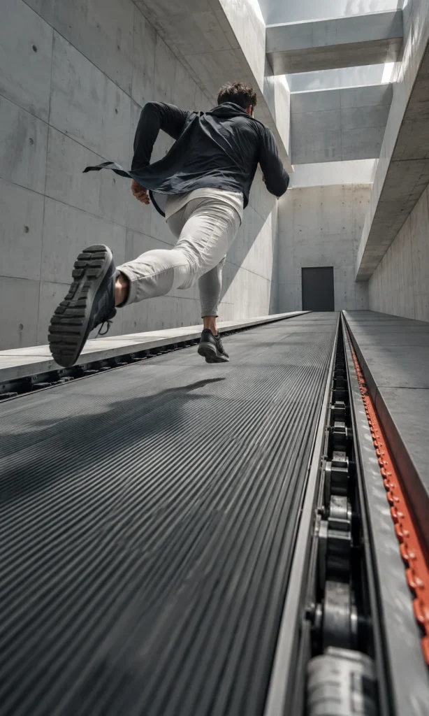 Person running against a moving floor representing persistent fatigue in depression