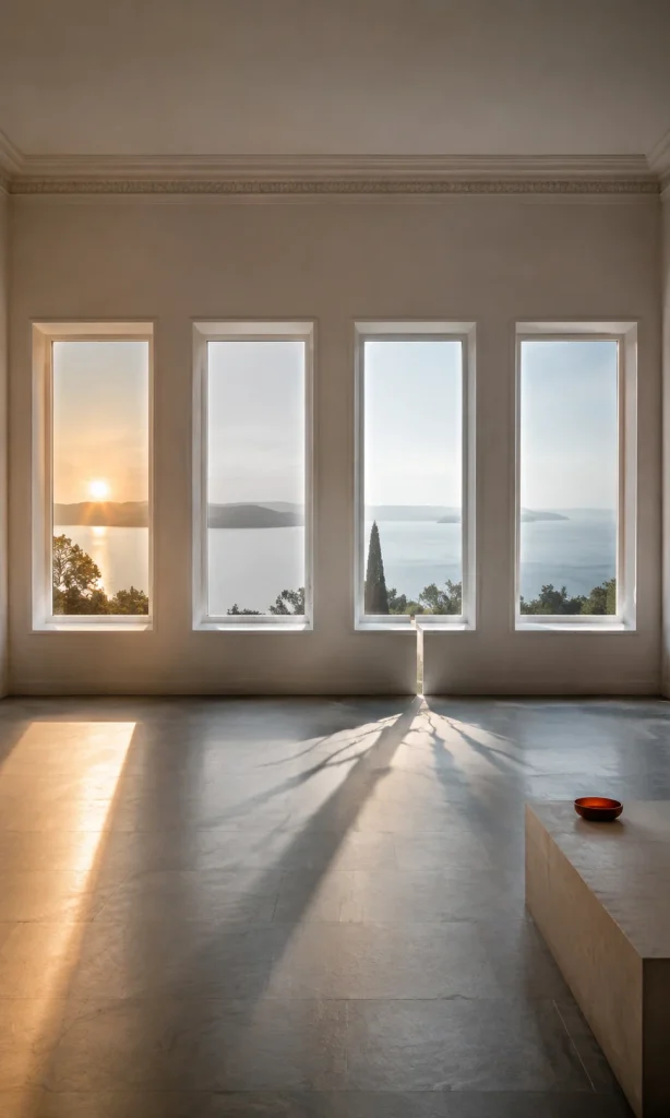 Conceptual room with four windows showing different visual signs of recovery, emotion, spread and time