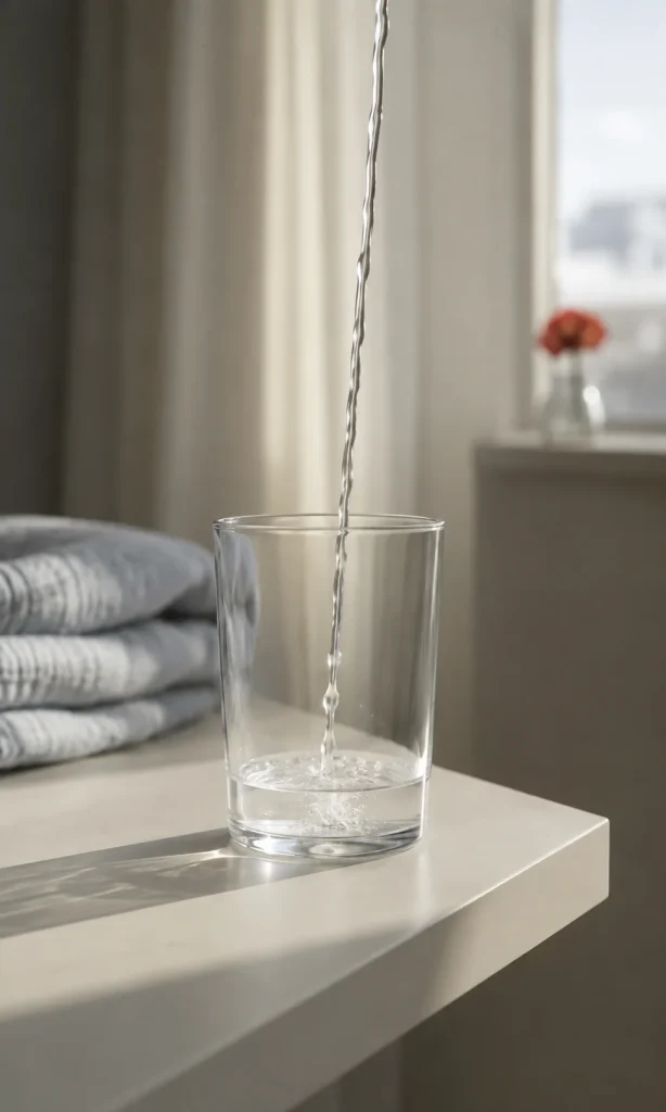 Conceptual photograph of water continually pouring into a glass that remains almost empty