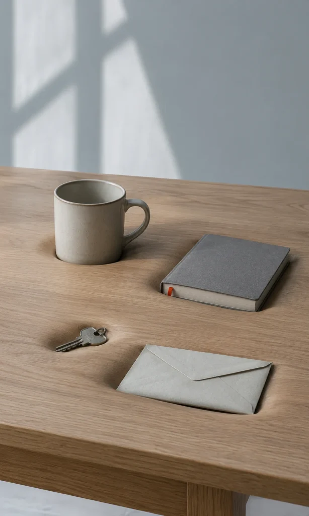 Conceptual still life showing ordinary objects sinking into a table under invisible weight