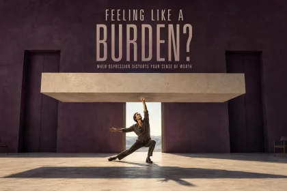 Alt text: Surreal editorial image of a person beneath an enormous suspended weight representing feeling like a burden during depression.