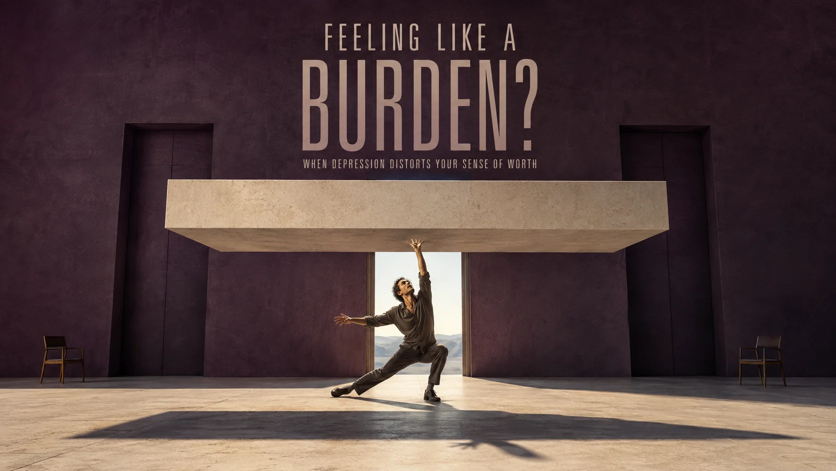 Alt text: Surreal editorial image of a person beneath an enormous suspended weight representing feeling like a burden during depression.