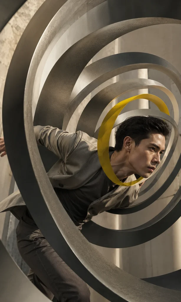 Person moving through narrowing flexible structures representing headache pressure