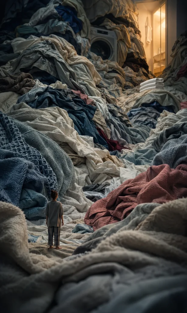 Miniature woman facing enormous pile of laundry representing hygiene overwhelm during depression