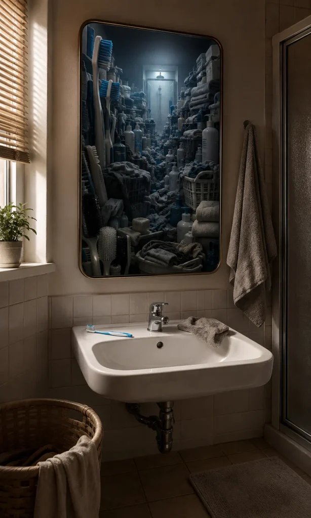 Surreal bathroom mirror filled with accumulated hygiene objects representing shame and avoidance