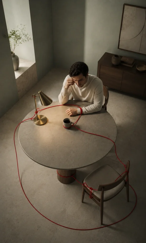 Person replaying an argument through a surreal looping room during depression