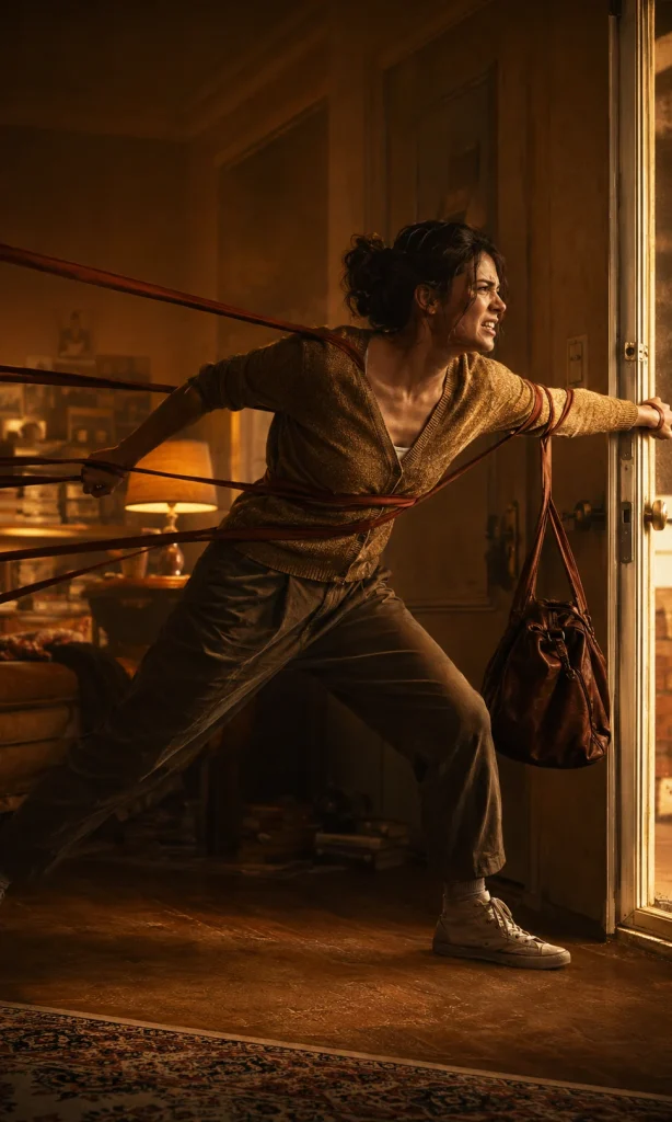 Woman in a warm apartment straining toward a doorway while invisible bands pull her backward, symbolizing loss of motivation.