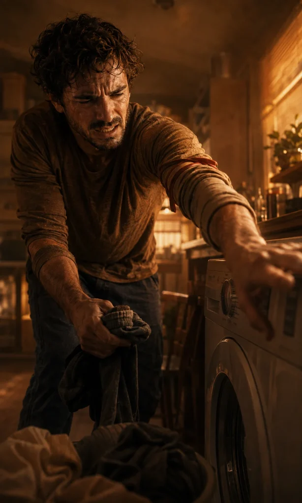 Person frozen in front of a washing machine with a sock in hand, unable to start a simple task because of depression and loss of motivation.