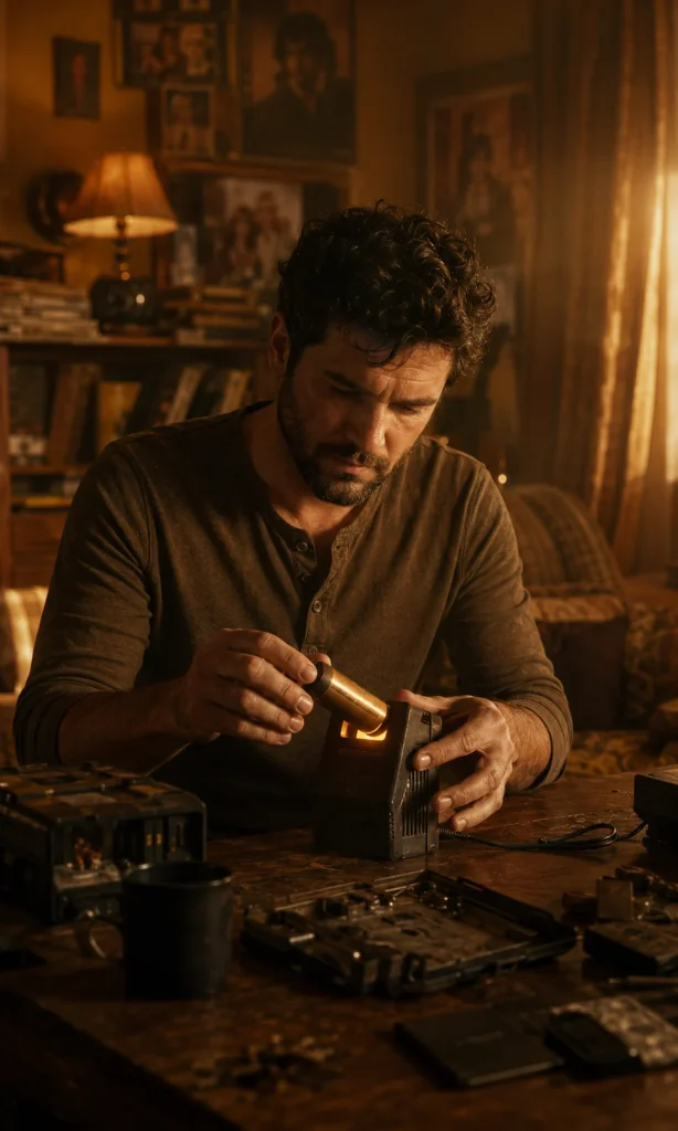 Person in a warm retro room reconnecting a glowing battery-like object, symbolizing small steps in recovering motivation during depression.