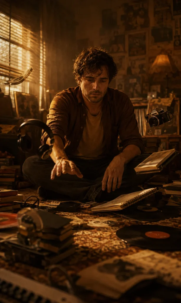 Man sitting in a retro room surrounded by music and hobby objects, unable to engage with them, representing depression and loss of motivation.