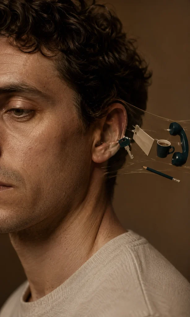 Close-up portrait with floating objects failing to enter memory during depression
