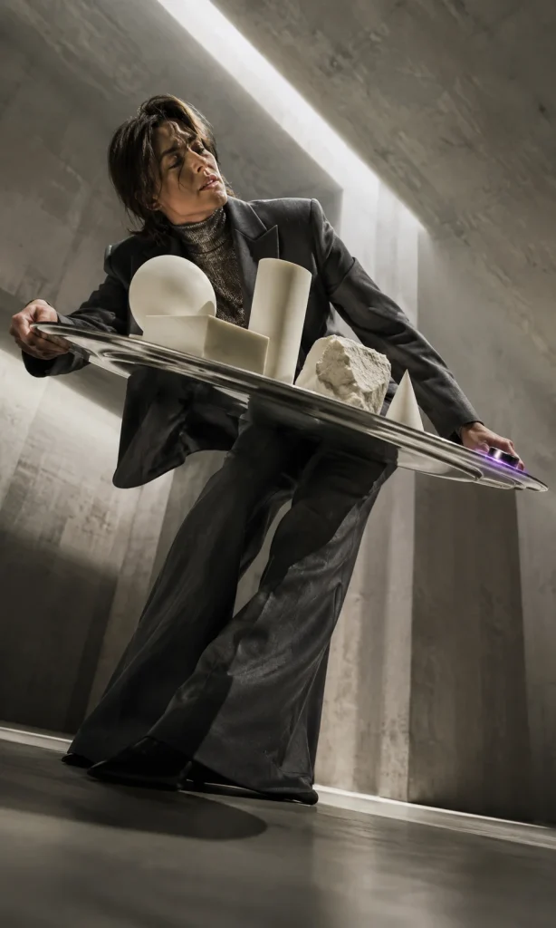 Adult struggling to level a tray pulled toward one small dark object representing negative outcome weighting in depression