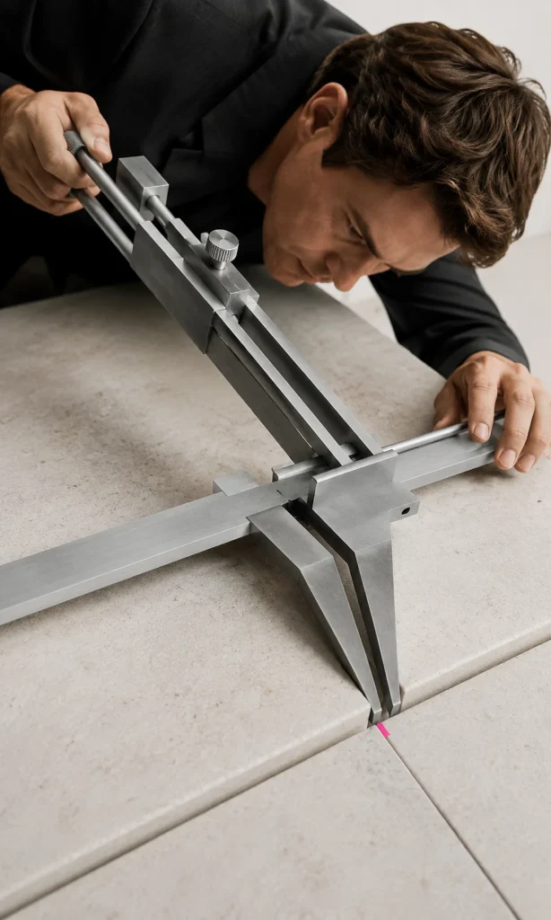 Adult using an oversized measuring tool on a tiny gap representing overchecking for certainty when making decisions