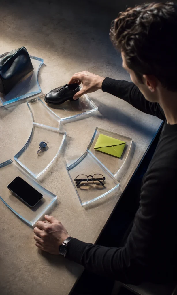 Adult arranging everyday objects on disconnected transparent platforms representing planning and sequencing difficulties