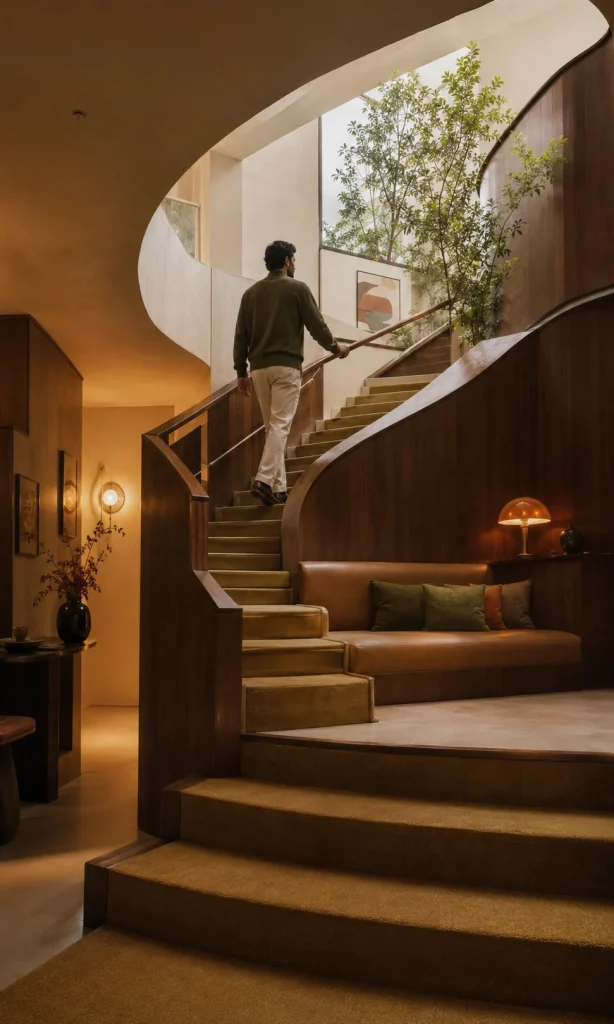 Adult moving through an unusual staircase representing gradual and non-linear recovery from depression
