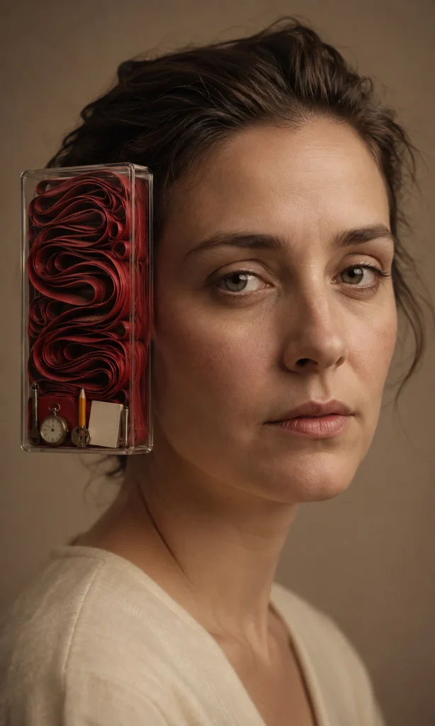 Close-up portrait with looping red ribbon filling a transparent memory compartment