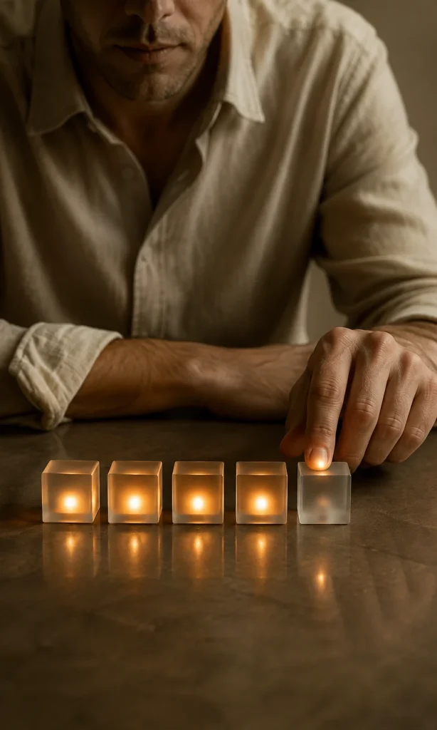 Tired person holding dim glowing memory objects representing sleep fatigue and forgetfulness