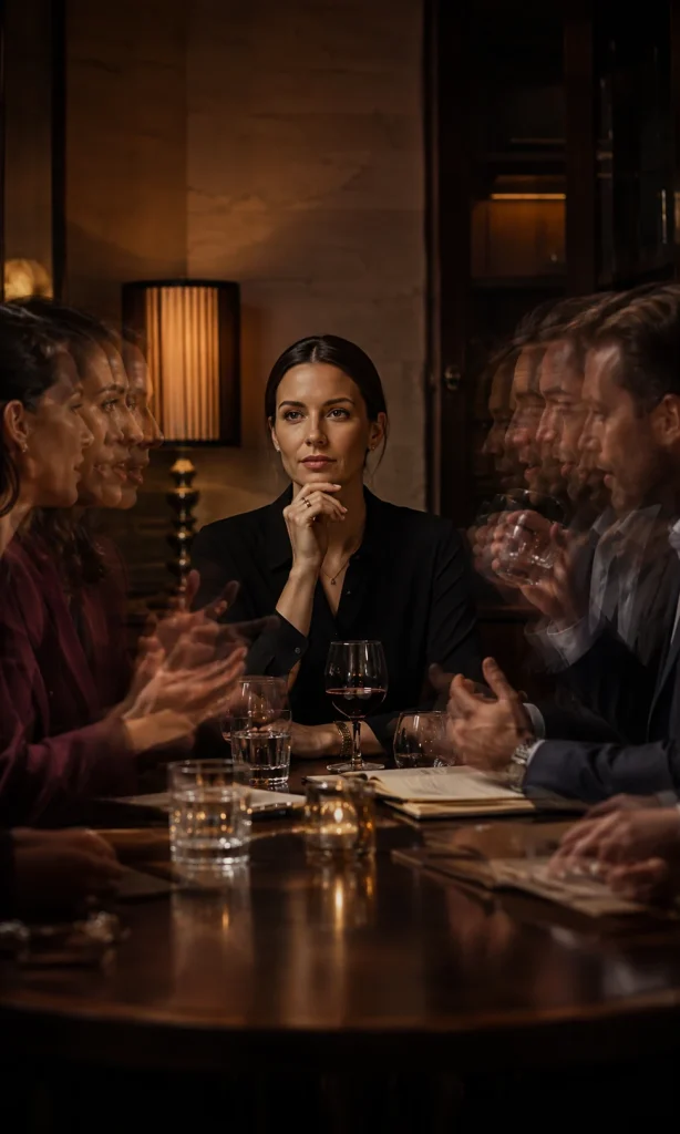 Person in the centre of a surreal conversation scene where other people appear several moments ahead