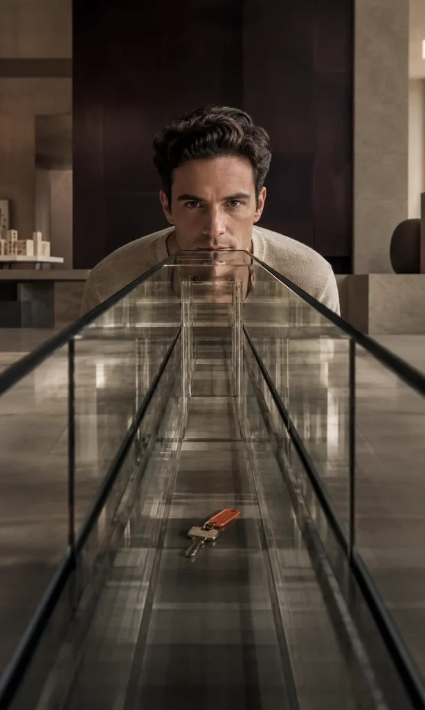 Adult reaching toward a nearby object through an impossibly long transparent corridor, symbolizing slowed processing speed