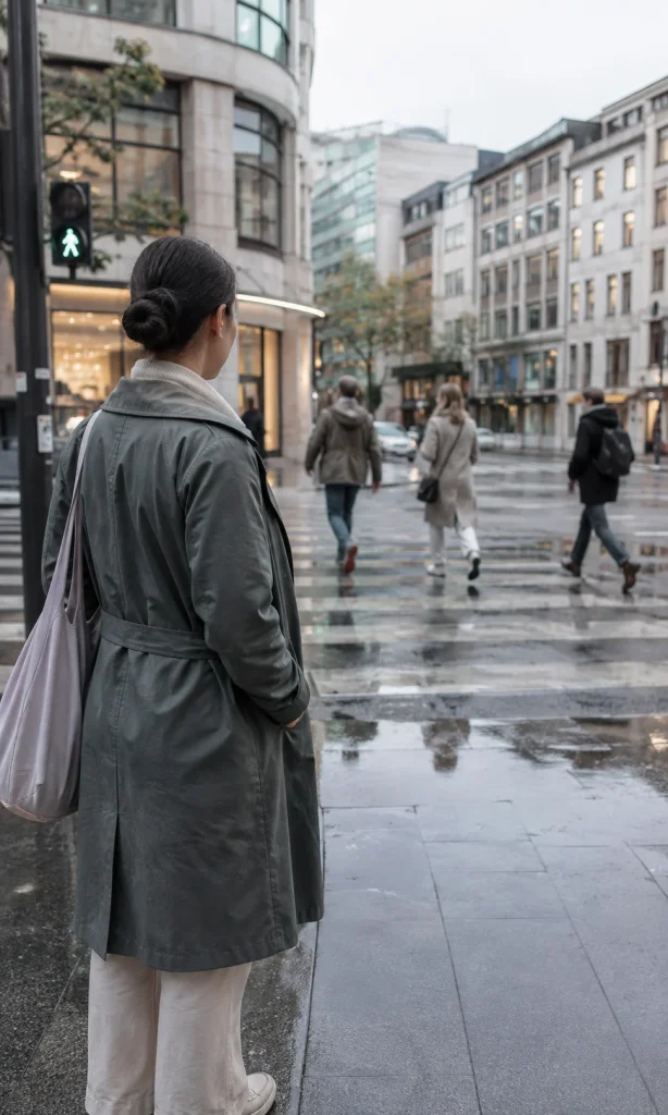 Pedestrian noticing a changing crossing signal before beginning to move
