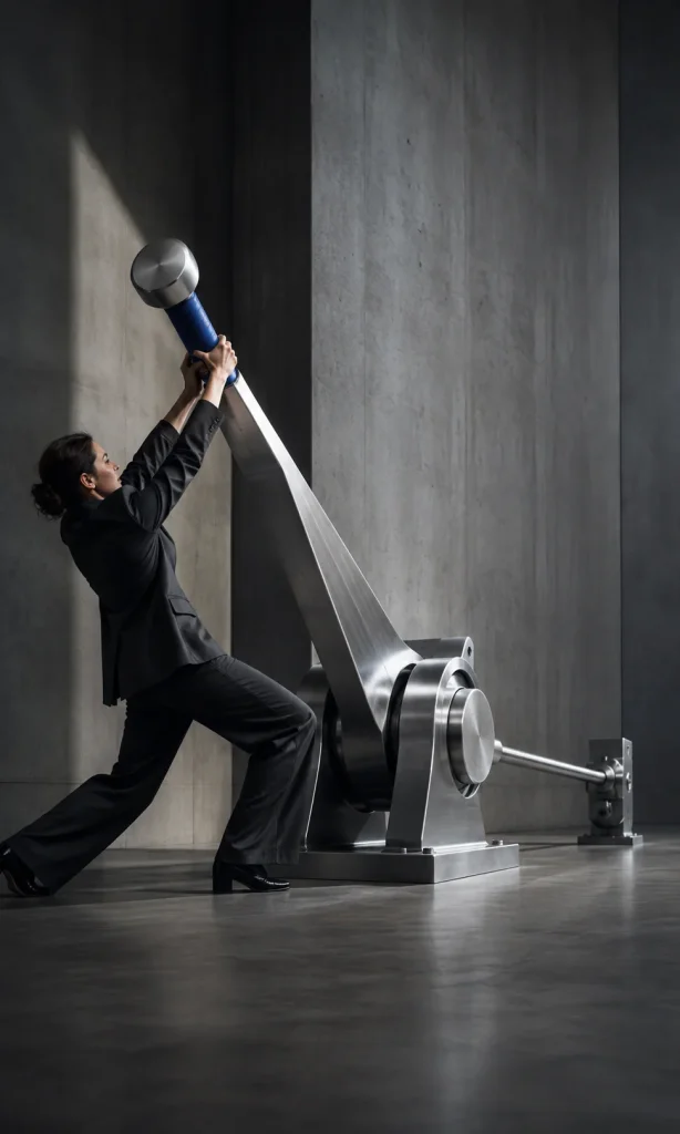 Adult pulling an oversized lever representing how simple decisions can require disproportionate effort during depression