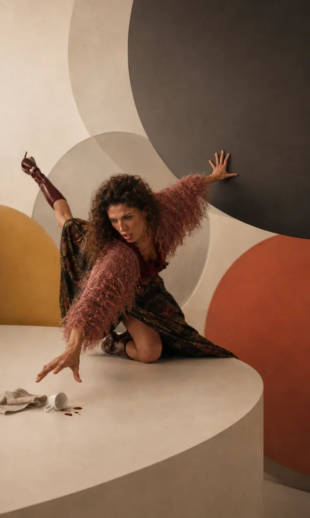 Woman reacting dramatically to a tiny coffee spill while enormous abstract structures shift around her.