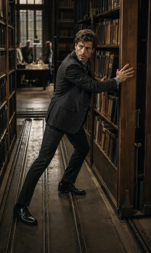Man pulling a mobile library shelf closed between himself and other people, illustrating social avoidance in depression.
